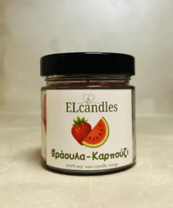 ειροποίητο κερί σόγιας με άρωμα φράουλα και καρπούζι σε γυάλινο βαζάκι – 180gr